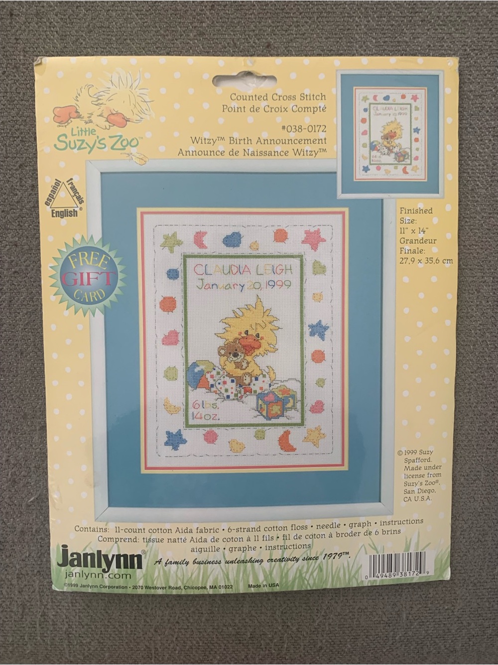 Vintage Janlynn Little Suzy's Zoo Counted Cross Stitch Birth Announcement Kit